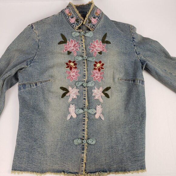INC Concepts Petite P Denim Jacket Embroidered Flowers Womens Frog Closure Coat - Picture 8 of 16